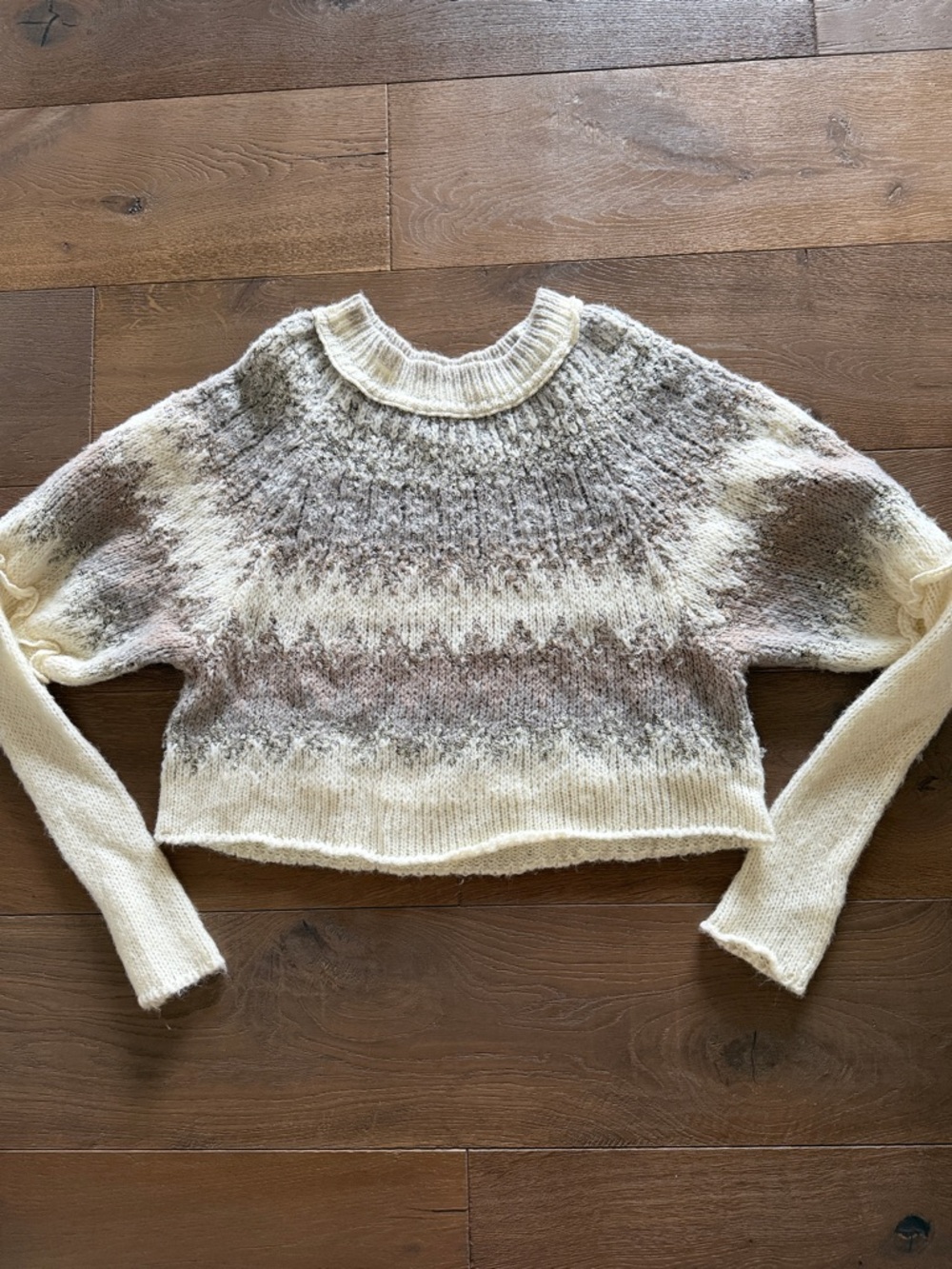 Free People Cream & Taupe Patterned Crewneck Sweater